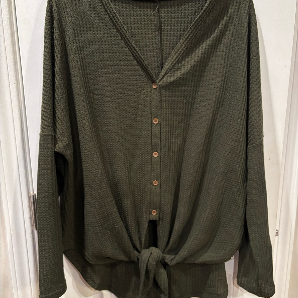 Olive Green Button-Up Waffle Knit Top